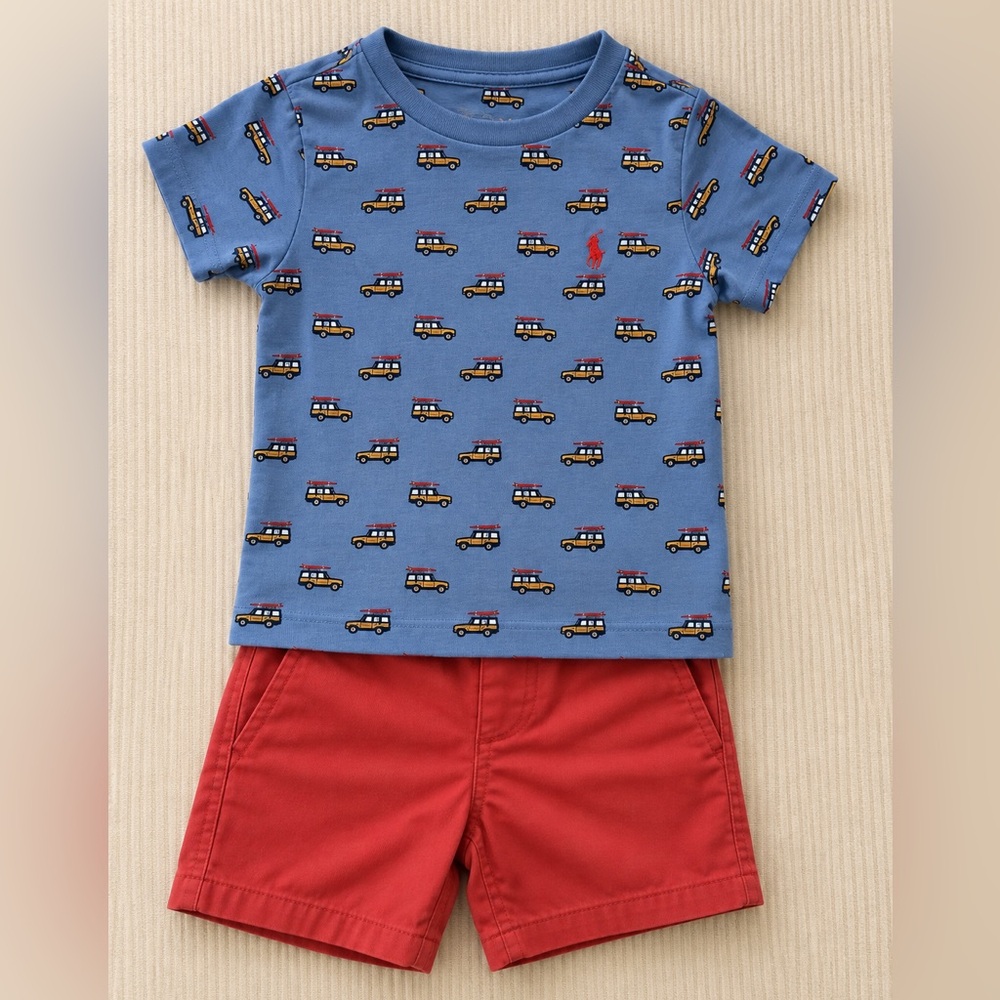 Ralph Lauren Blue Tee with Car Print and Red Shorts Set